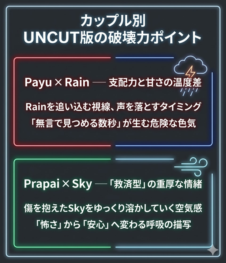 Payu×RainとPrapai×Skyのカップル別UNCUT版見どころ図解。支配と甘さ、救済と情緒のポイント。
