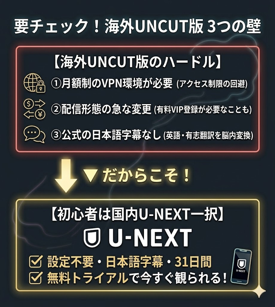 海外UNCUT版『Cutie Pie』を視聴する際の3つのハードル（VPNの必要性、配信変更、日本語字幕なし）と国内U-NEXTの快適さを比較した図解。
