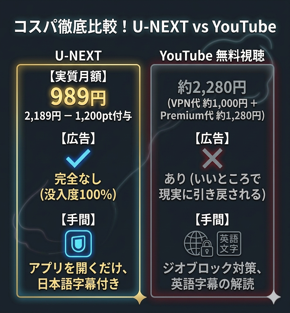 U-NEXTとYouTube無料視聴のコスト・タイパ比較表。U-NEXTは毎月のポイント付与で実質989円になり、広告なしで没入できるメリットを図解。