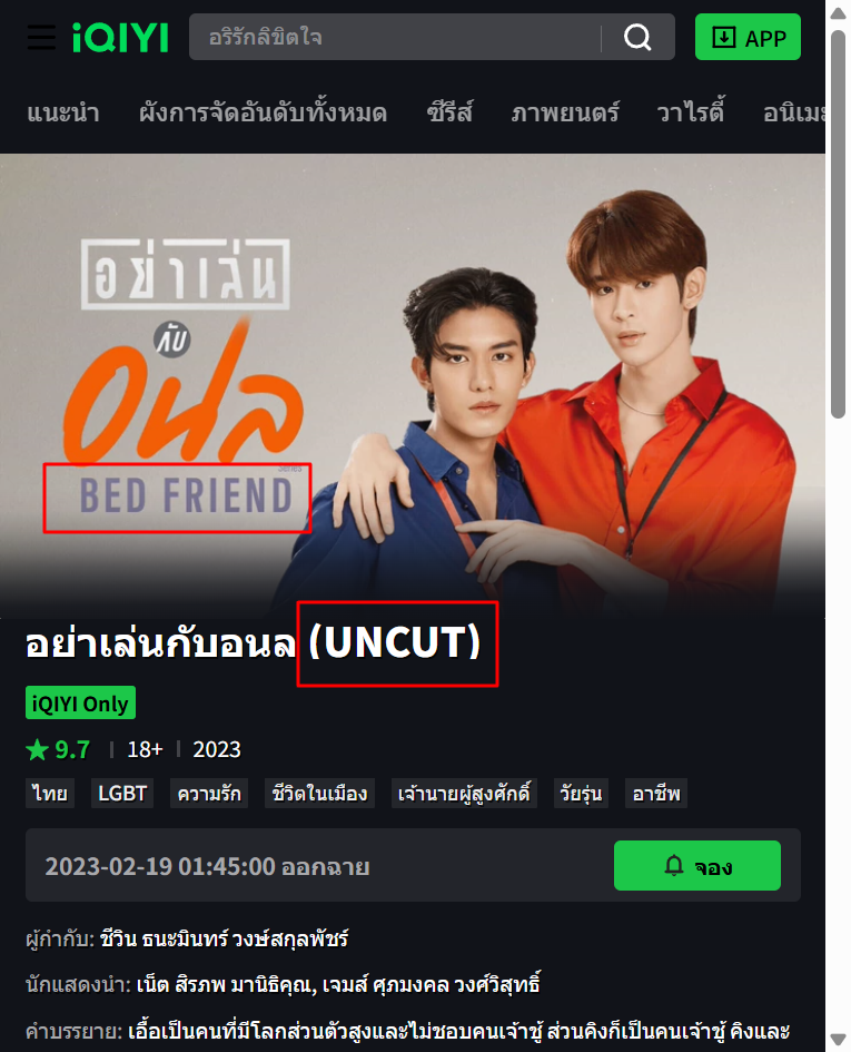 動画配信サービスiQIYI（アイチーイー）におけるタイBLドラマ『Bed Friend』の作品配信ページ画面