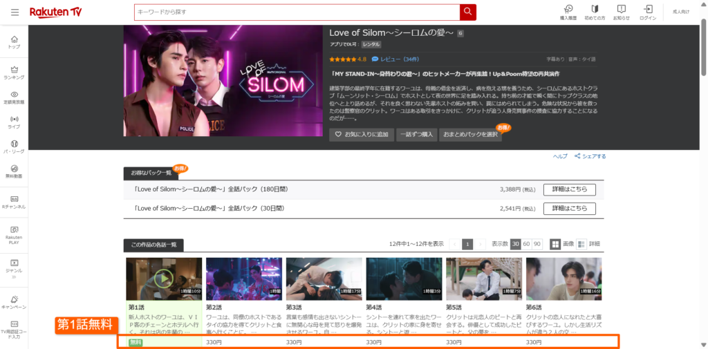 Rakuten TVにおけるタイBLドラマ『Love of Silom』の配信・販売画面