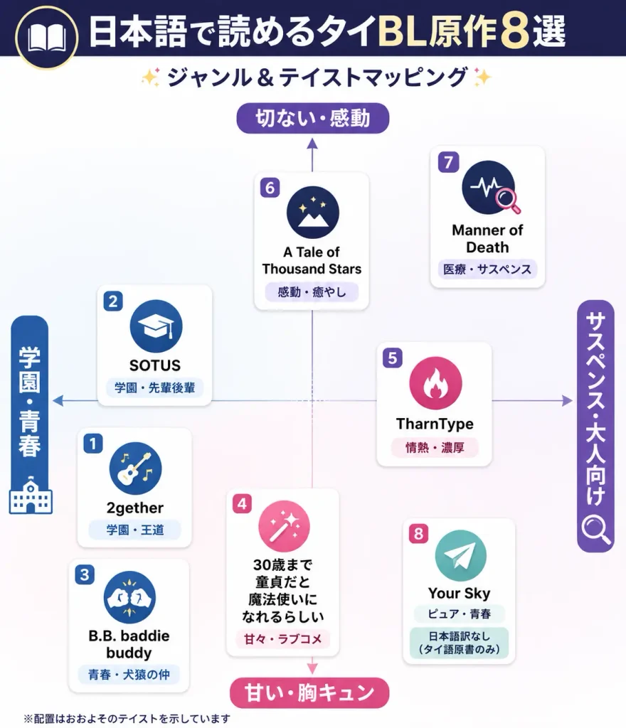 人気タイBLドラマの原作本を、学園・青春からサスペンスまでジャンルとテイストで分類マップ