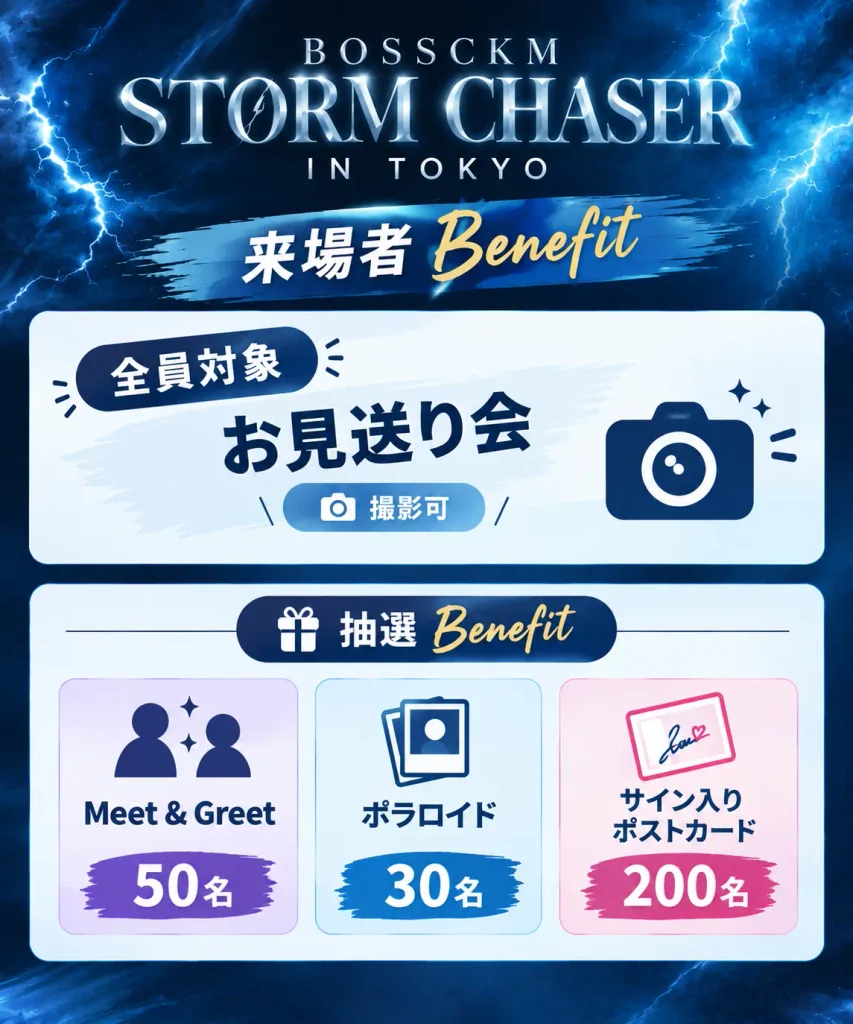 BOSSCKM STORM CHASER IN TOKYOの来場者特典と抽選Benefit一覧