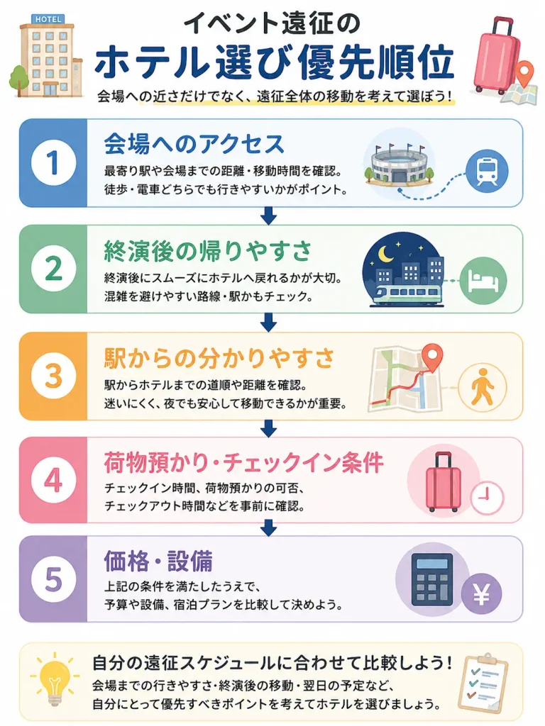 イベント遠征でホテルを選ぶ優先順位｜会場アクセス・終演後の帰りやすさ・駅からの距離を比較